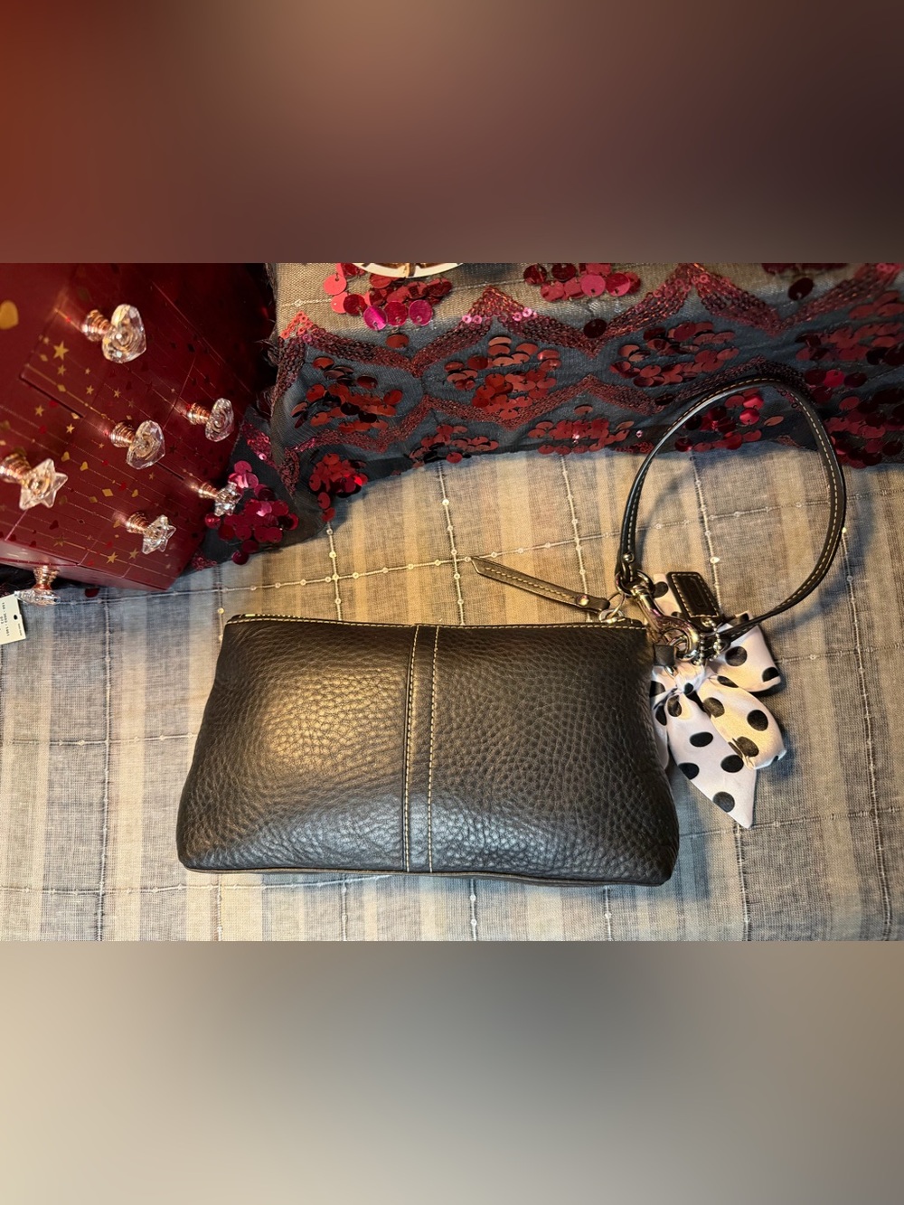 Coach Black Pebbled Leather Wristlet w Polka Dot Scarf - Picture 7 of 14
